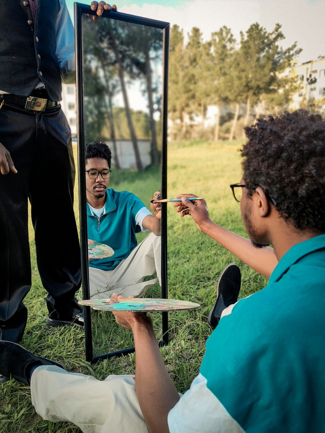 person practicing speech in mirror